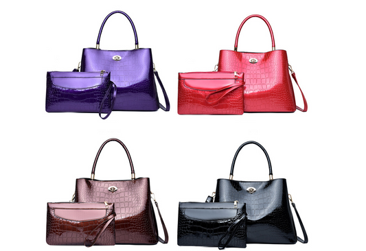 Four different colors of Maramalive™ women's bucket type crocodile embossed PU handbags.