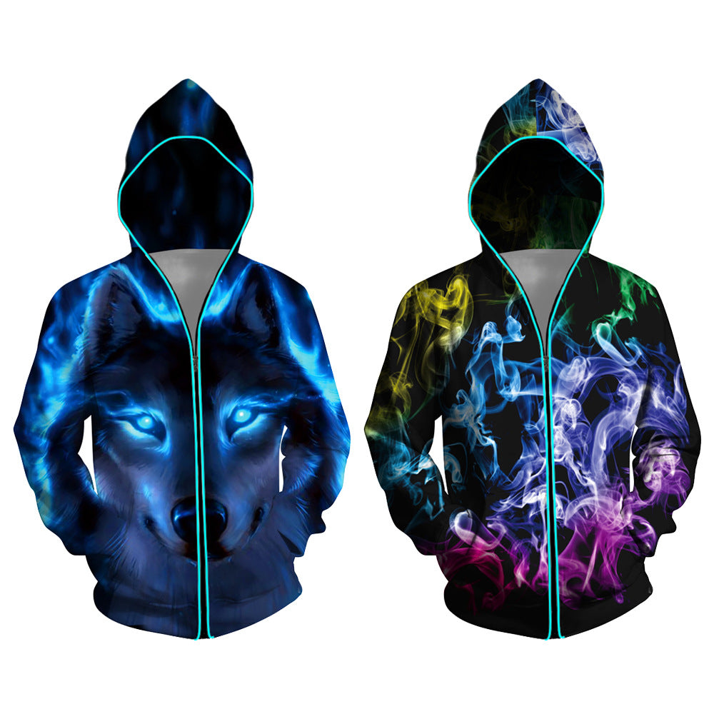 Two Photoelectric Hoodies: the left one has a blue wolf design with glowing eyes, and the right one features multicolored smoke patterns. Both have teal outlines and showcase street style with eye-catching digital printing against a white background, brought to you by Maramalive™.