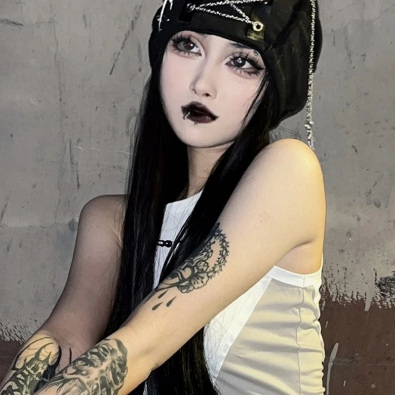 Deep Black Color Cool Gothic Punk Hat Female Cross Autumn And Winter Hat Female Girl Accessories Cap