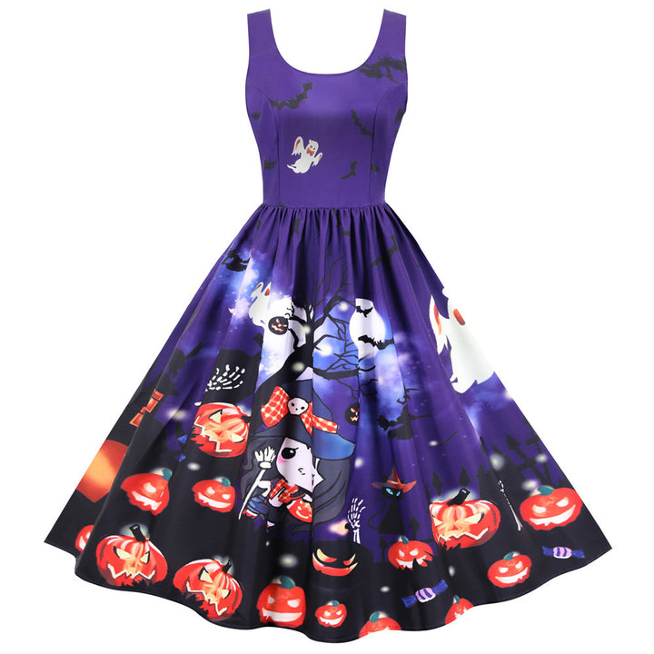 A Maramalive™ Halloween Rock And Roll Sleeveless Floral Dress with witches and pumpkins on it.