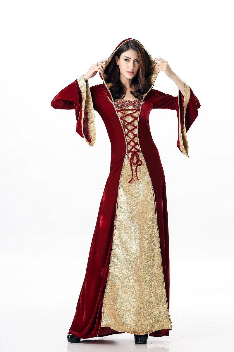 Two women in a red and gold Maramalive™ European vintage court clothing made of Tussah silk.