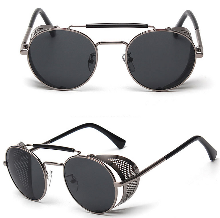 A pair of Maramalive™ light brown steampunk sunglasses with metal frames and brown lenses.