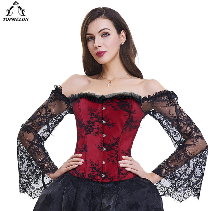 A Steampunk Gothic Lace Floral Off Shoulder Party Corset with long sleeves. (Maramalive™)