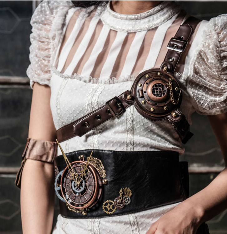 A Maramalive™ Steampunk chest buckle with a brown leather strap.