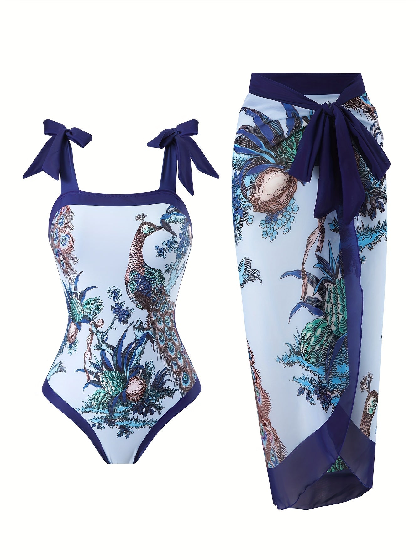 Peacock & Plant Graphic 2 Piece Swimsuits, Bow Tie Shoulder Straps Tummy Control One-piece Bathing-suit & Cover Up Skirt, Women's Swimwear & Clothing For Holiday