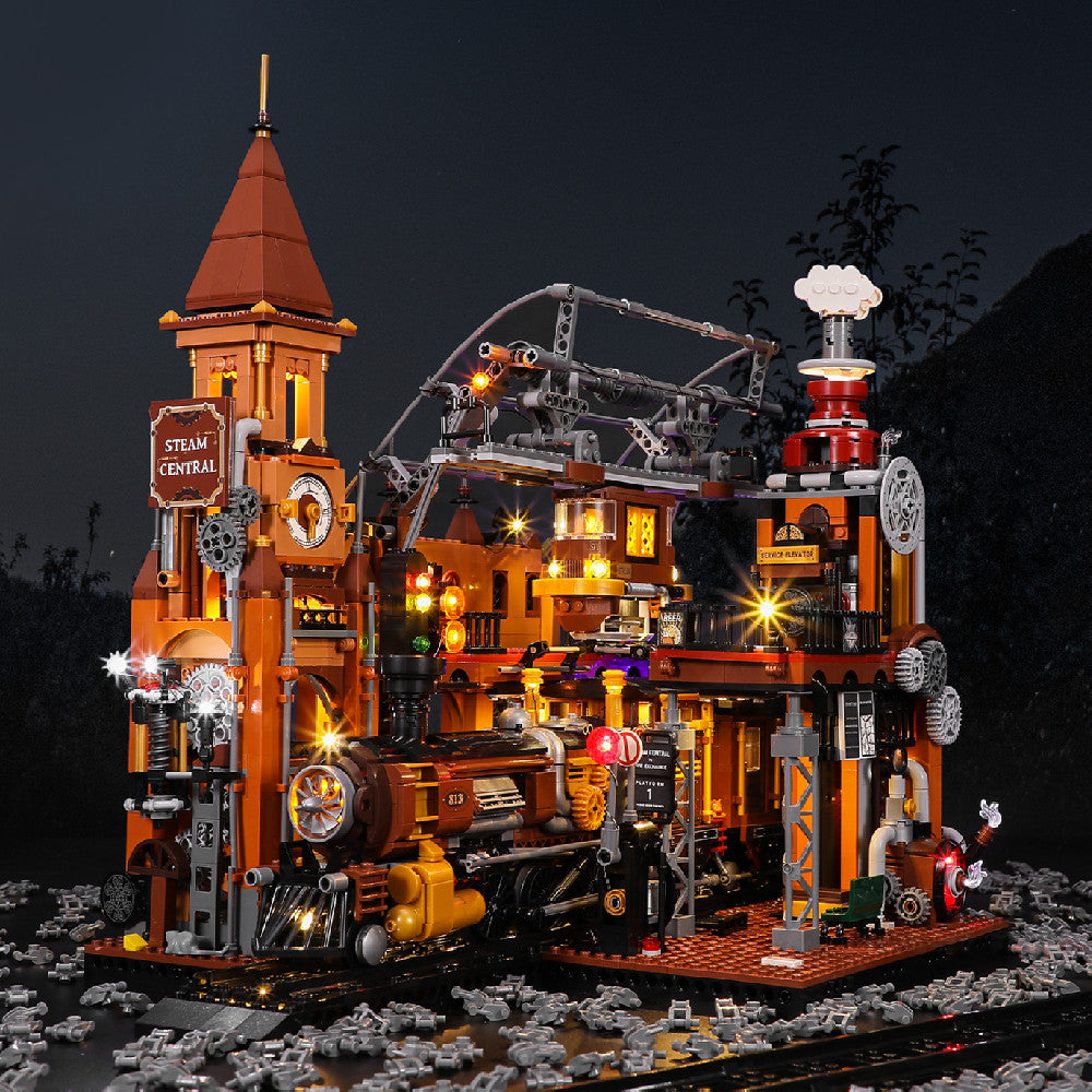 Steampunk Train Station Building Blocks Light Puzzle Model Toys