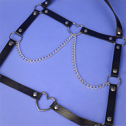 Punk Lady Sweet Love Heart Chain Leather Strap Sexy Waist Chain Body Chain Show Club Dance Leather Belt