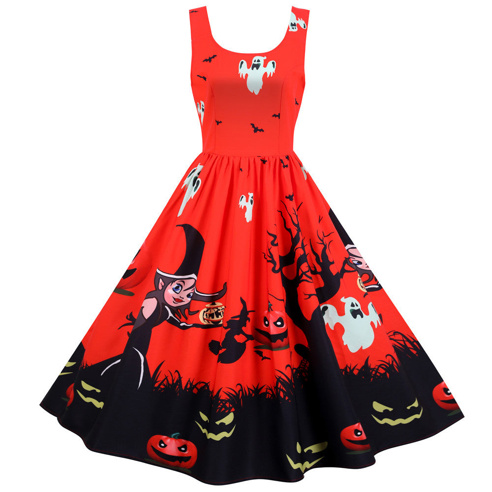 A Maramalive™ Halloween Rock And Roll Sleeveless Floral Dress with witches and pumpkins on it.