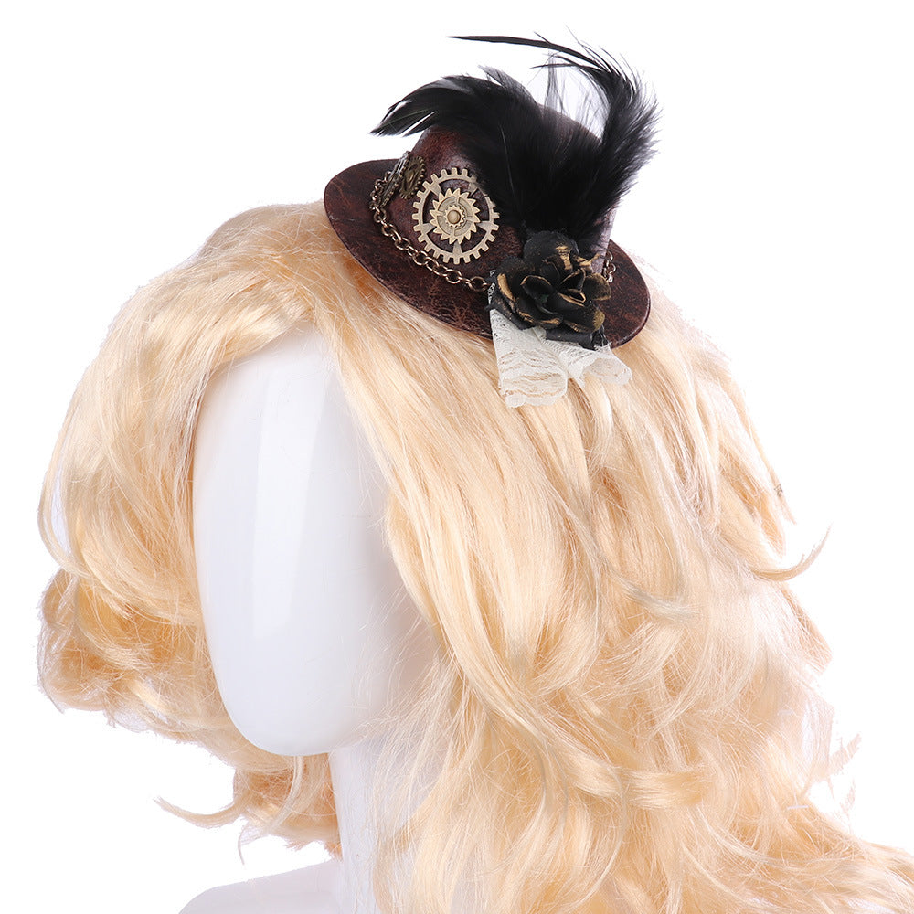 A Maramalive™ Halloween Gothic Mini Top Hat Steampunk Little Hat with gears and feathers on a white background.