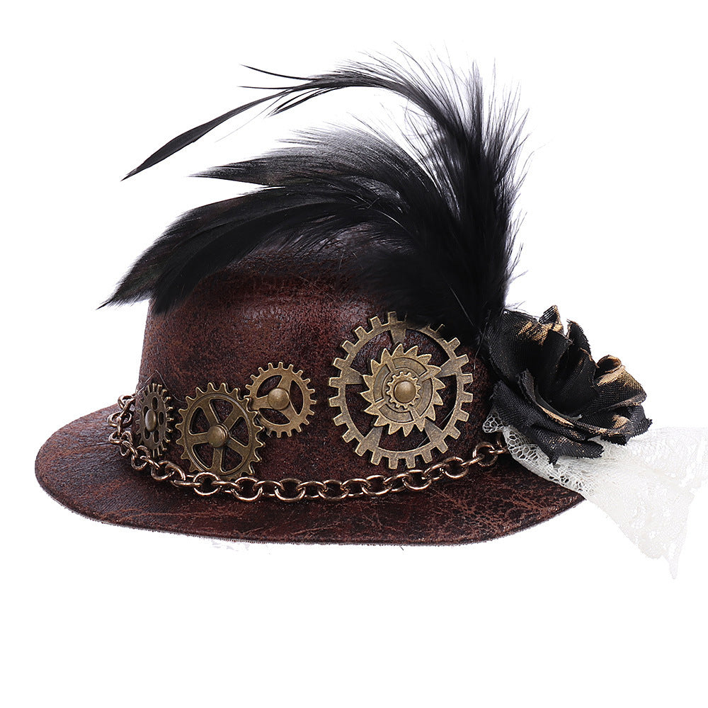 A Maramalive™ Halloween Gothic Mini Top Hat Steampunk Little Hat with gears and feathers on a white background.