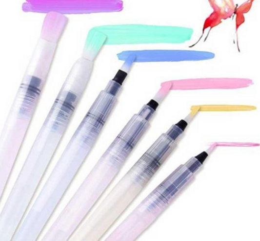 Five different colored Large Capacity Barrel Water Pen Watercolor Painting Promotional Pens with a butterfly on them, made by Maramalive™.