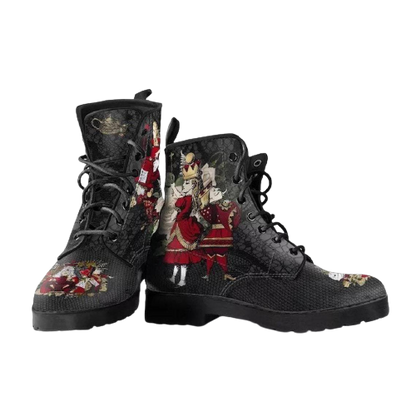 Alice in wonderland Maramalive™ Gothic Print Vegan Leather Combat Boots.