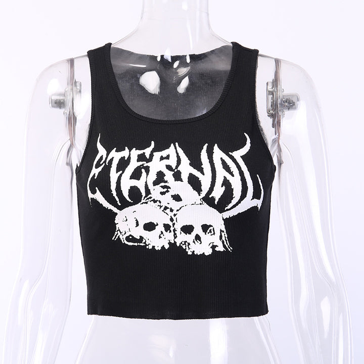 A woman wearing a Punk Nightclub Navel Short Vest Gothic Vest ETERNRL Print Sexy Street Women made from Spandex fabric by Maramalive™, with skulls on it.