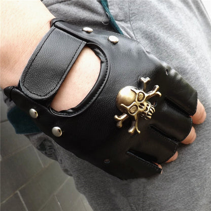 A hand holding a pair of Steampunk Pirate Gloves PU Leather Gothic Medieval Cosplay from Maramalive™ with a skull and crossbones on them.