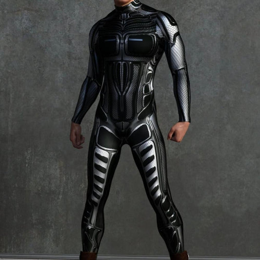 A person in a form-fitting, futuristic black and silver suit stands against a gray background, embodying European and American style with elements reminiscent of game animation role playing. The sleek outfit appears crafted from a high-quality chemical fiber blend that enhances its cutting-edge design. This is the 3D Digital Printed Cosplay One-piece Costume by Maramalive™.