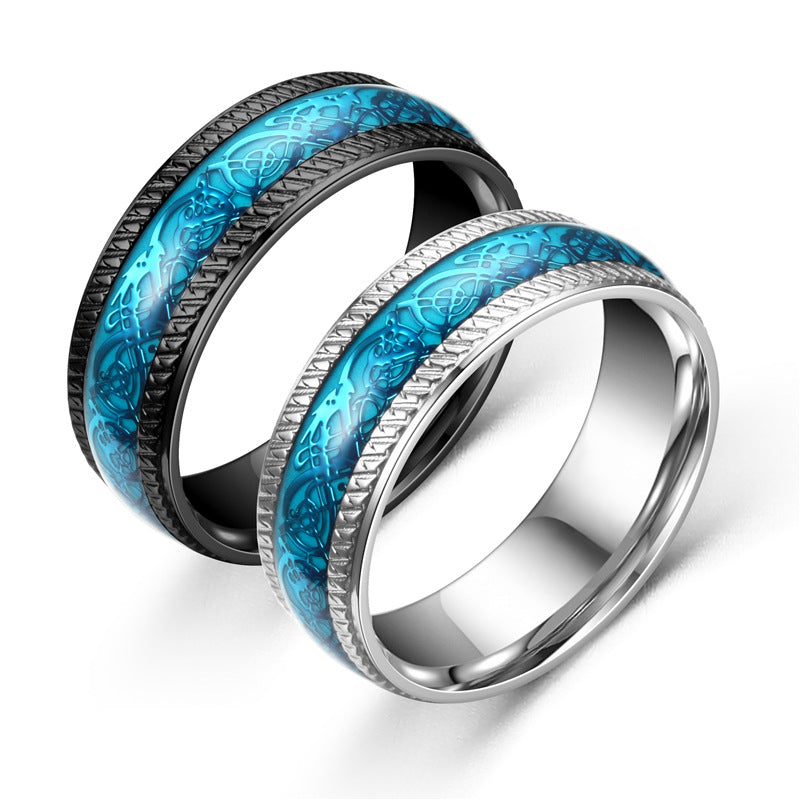 Two Stainless Steel Dragon Rings - 8mm Men's with blue and black designs by Maramalive™.