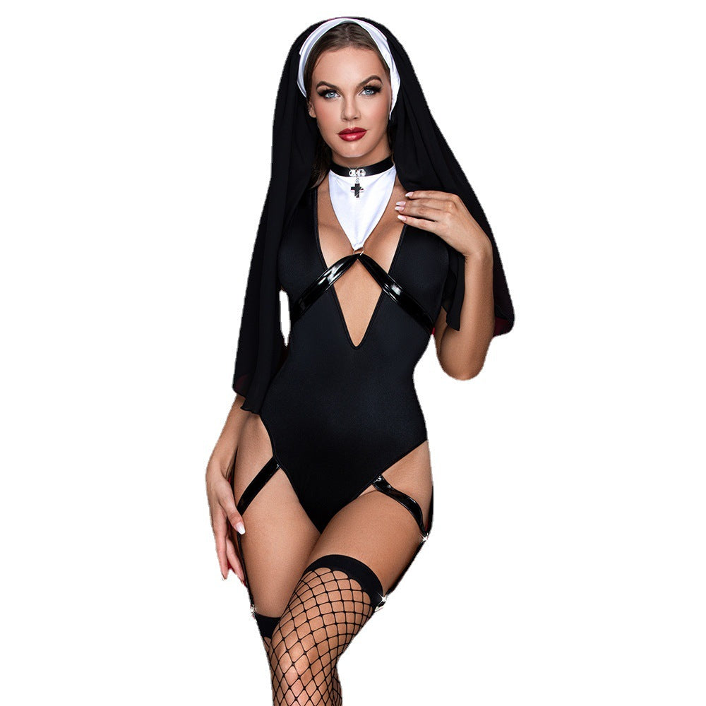 A woman in a Maramalive™ Women's Halloween Cosplay Nun Costume Set posing on a red background.
