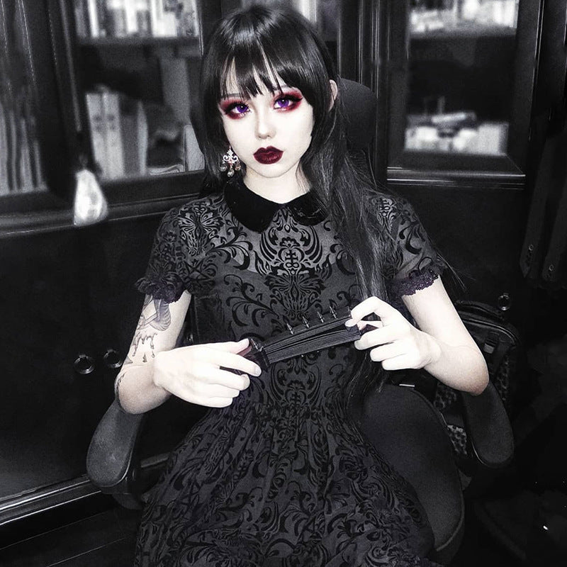 A Midnight Allure: Dark Gothic Sexy Mesh Lolita Short Sleeve High Waist Dress by Maramalive™ with lace detailing and mesh.
