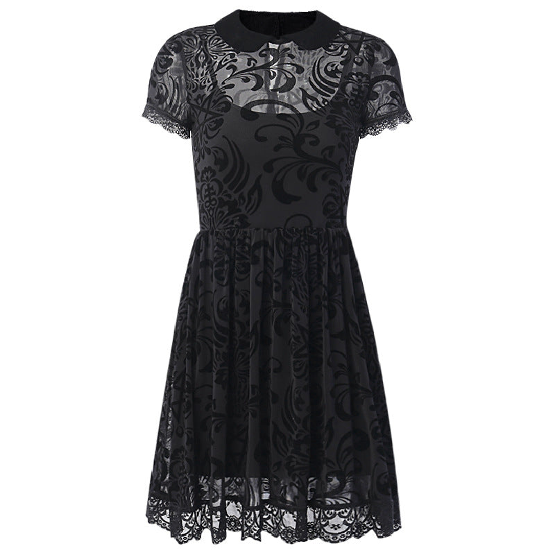 A Midnight Allure: Dark Gothic Sexy Mesh Lolita Short Sleeve High Waist Dress by Maramalive™ with lace detailing and mesh.