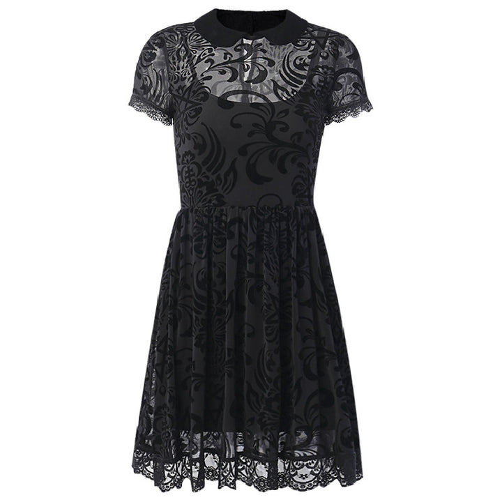 A Midnight Allure: Dark Gothic Sexy Mesh Lolita Short Sleeve High Waist Dress by Maramalive™ with lace detailing and mesh.