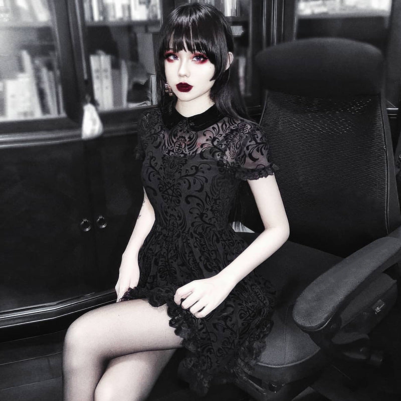 A Midnight Allure: Dark Gothic Sexy Mesh Lolita Short Sleeve High Waist Dress by Maramalive™ with lace detailing and mesh.