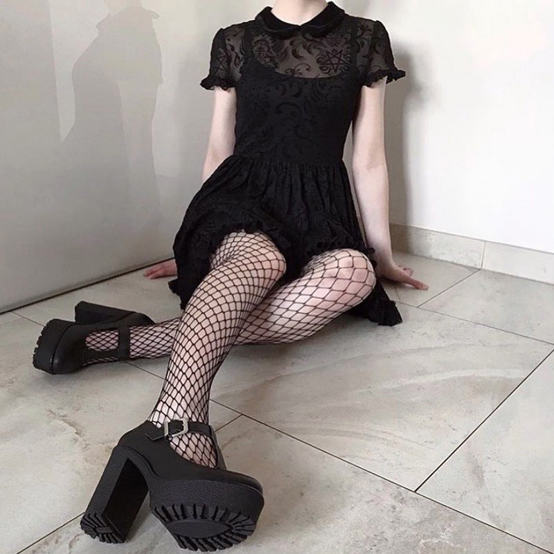 A Midnight Allure: Dark Gothic Sexy Mesh Lolita Short Sleeve High Waist Dress by Maramalive™ with lace detailing and mesh.
