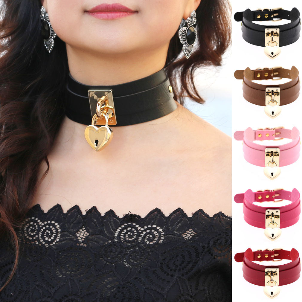 A woman wearing a Neo Gothic Romance PU Leather Choker or Bracelet with Metal Heart Lock, symbolizing an unbreakable bond by Maramalive™.