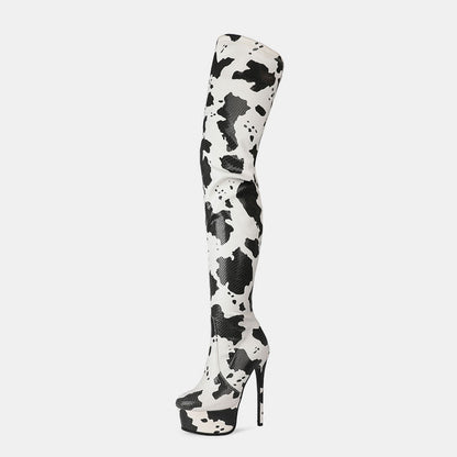 Platform Round Head Cow Pattern Over The Knee Boots Women's Boots