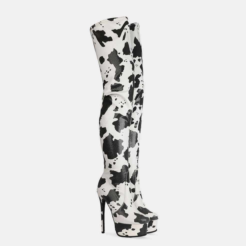 Platform Round Head Cow Pattern Over The Knee Boots Women's Boots