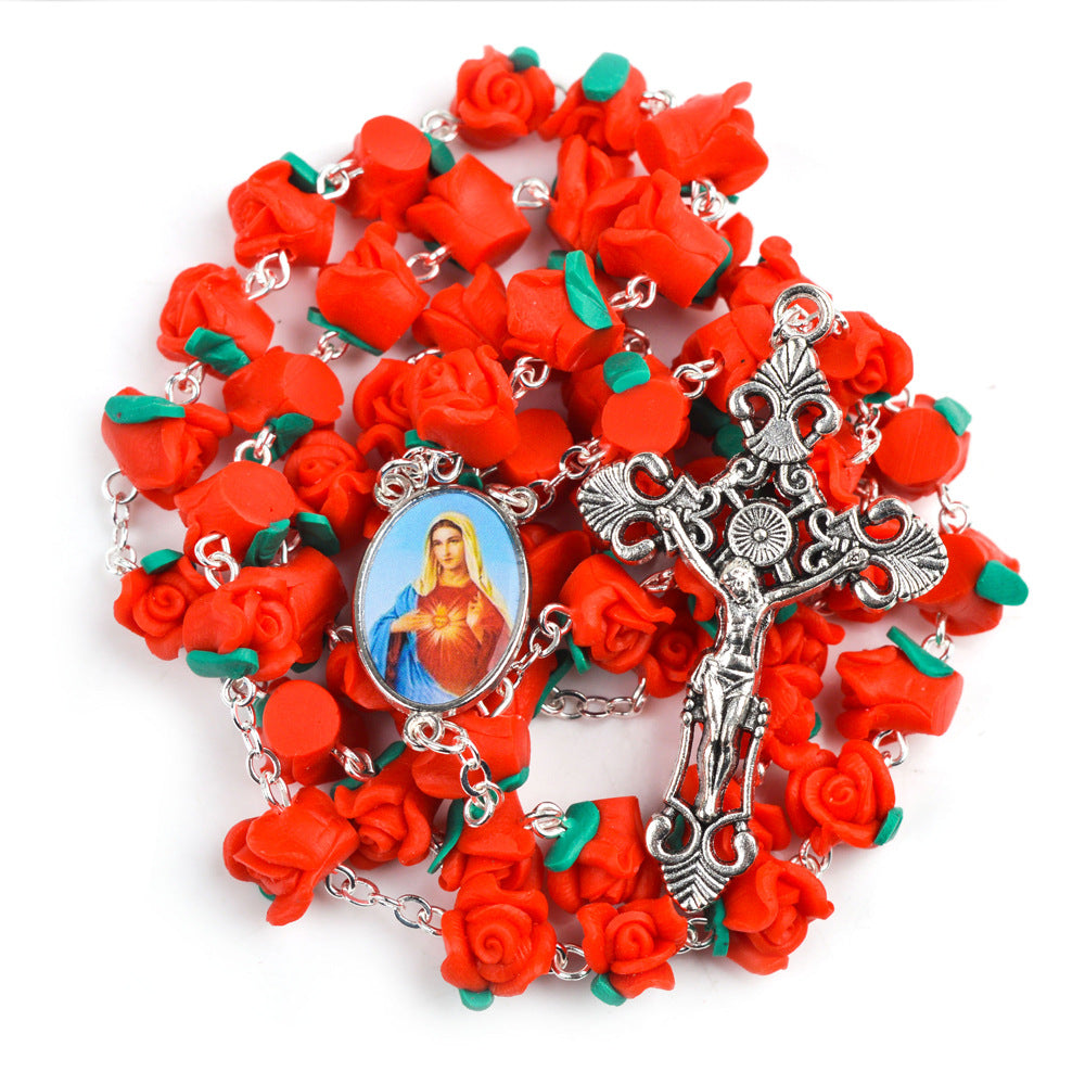 Red Clay Rose Catholic Rosary Necklace
