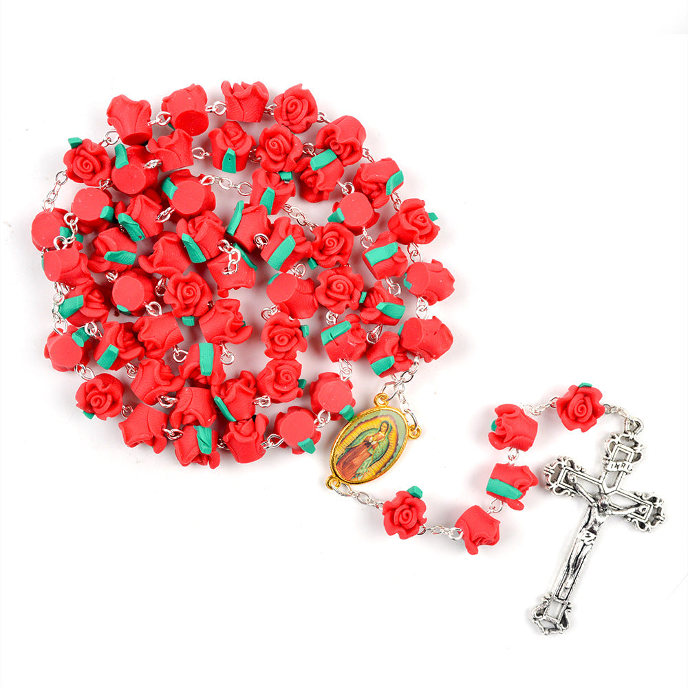 Red Clay Rose Catholic Rosary Necklace