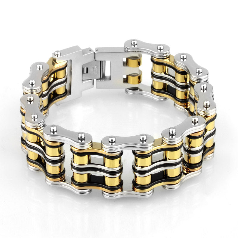 A silver and gold Thickened Titanium Steel Stainless Steel Bicycle Bracelet by Maramalive™ on a white background.