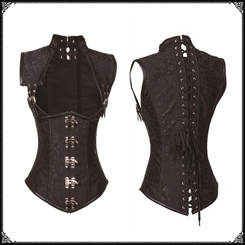 The back of a Maramalive™ Magic Card Riding New European And American Retro Palace Gothic Vest Corset Steel Bone Cosplay Halloween Shooting Suit with laces made of polyester fiber.