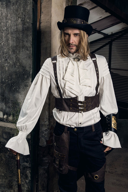 A man in a Retro-futuristic Steampunk Toss Vest - A Cleverly Gothic Sling for Your Next Adventure by Maramalive™ holding a cane with a gothic twist.