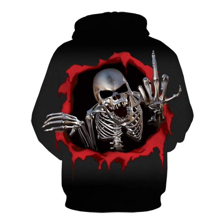 Maramalive™ New Digital Print Hoodie Sweater Long Sleeve Men's featuring a metal skeleton breaking through a red, jagged hole, with one hand pointing and the other making an obscene gesture.