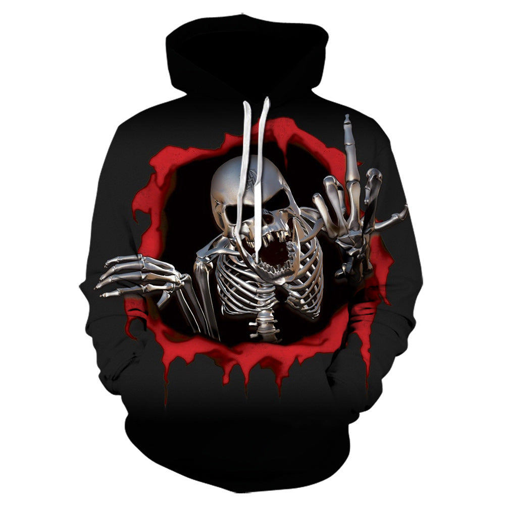 Maramalive™ New Digital Print Hoodie Sweater Long Sleeve Men's featuring a menacing skeleton with sharp fingers and an aggressive expression, emerging from a red, torn background. Crafted from spandex for a snug fit, the hoodie also sports a subtle skull pattern for added flair.