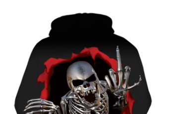 A New Digital Print Hoodie Sweater Long Sleeve Men's featuring a skeleton with an open mouth, raising its middle finger, emerging from a red, torn hole in the fabric. The spandex blend ensures comfort and flexibility for any occasion. Available exclusively from Maramalive™.