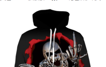 A Maramalive™ New Digital Print Hoodie Sweater Long Sleeve Men's featuring a graphic of a metallic skeleton with a skull pattern emerging from a red-torn background, with one hand making a rude gesture.