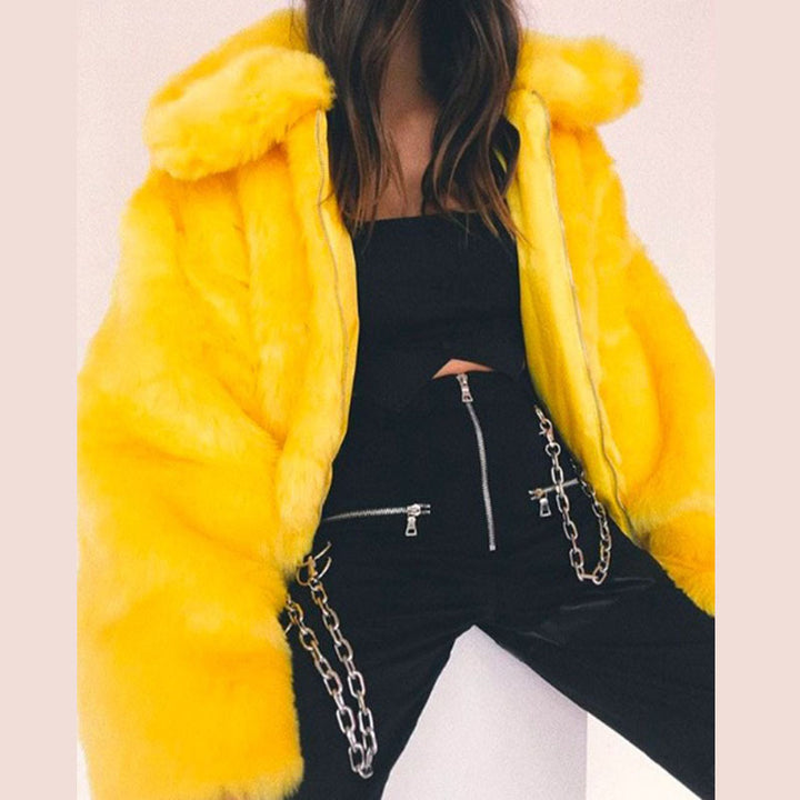 A woman flaunting a medium-length, yellow Maramalive™ Bright Yellow Plunk Faux Fur Coat - Cool Fake Fur Jacket