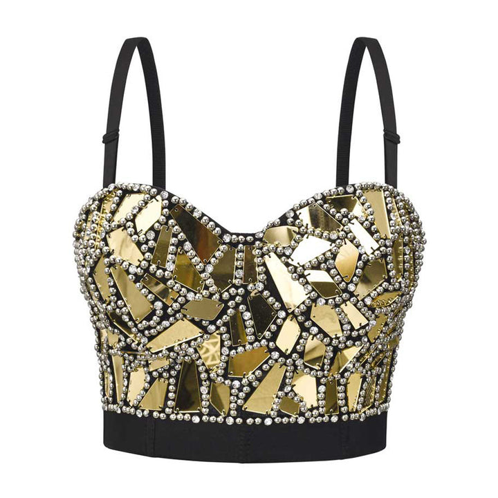 A black Plexiglass Studded Corset, Wearing Stage Performance Clothes, Sequined Camisole, Women's New European And American Tube Top with golden and silver geometric mirror-like embellishments made from a soft cotton fabric with adjustable straps by Maramalive™.