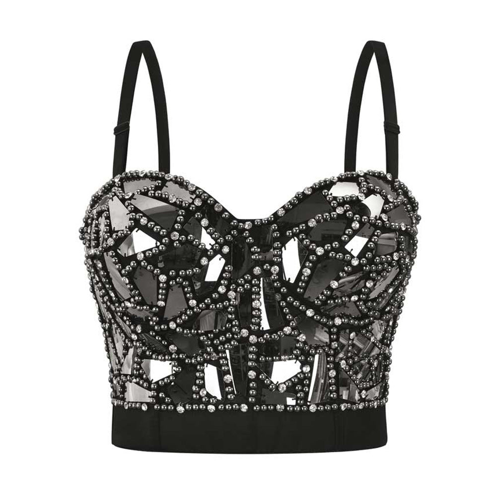 Introducing the Maramalive™ Plexiglass Studded Corset, Wearing Stage Performance Clothes, Sequined Camisole, Women's New European And American Tube Top: A black crop top with spaghetti straps, crafted from soft cotton fabric and decorated with numerous silver beads and reflective glass pieces in an intricate geometric pattern. Available in various sizes—refer to the size chart for the perfect fit.