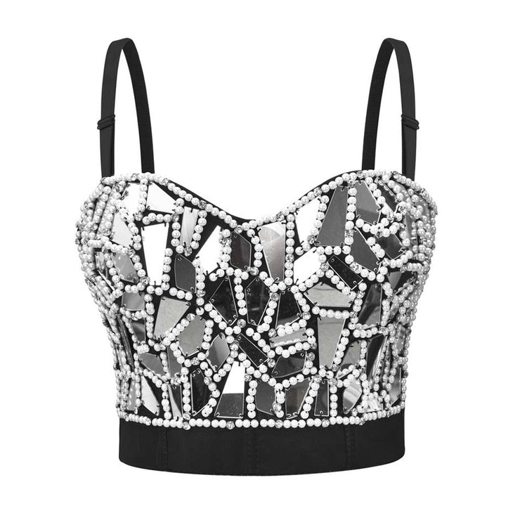A black cotton fabric crop top with thin straps, featuring a reflective mosaic pattern made of irregular mirrored pieces and pearls. Refer to the size chart for the perfect fit. Introducing: Plexiglass Studded Corset, Wearing Stage Performance Clothes, Sequined Camisole, Women's New European And American Tube Top by Maramalive™.