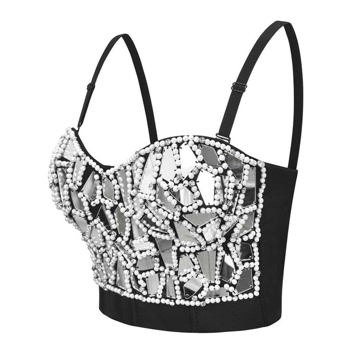 A Plexiglass Studded Corset, Wearing Stage Performance Clothes, Sequined Camisole, Women's New European And American Tube Top from Maramalive™, crafted from soft cotton fabric, featuring a front adorned with intricate bead and crystal embellishments forming a geometric pattern. Be sure to consult the size chart for the perfect fit.