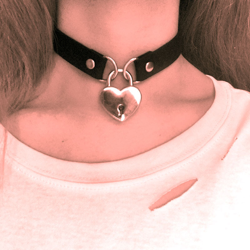 A Gothic Heart Chain Choker Collar bdsm leather choker Bondage cosplay Gothic jewelry women gothic necklace Harajuku accessories with a lock and key by Maramalive™.