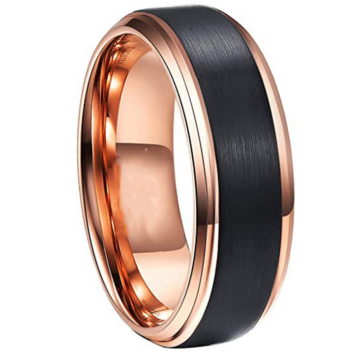 A rose gold and black Maramalive™ tungsten steel men's ring.