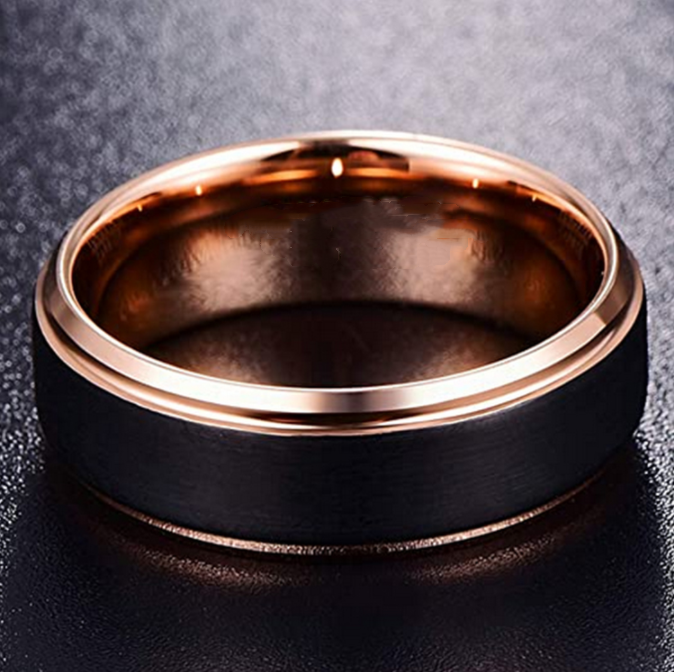 A rose gold and black Maramalive™ tungsten steel men's ring.