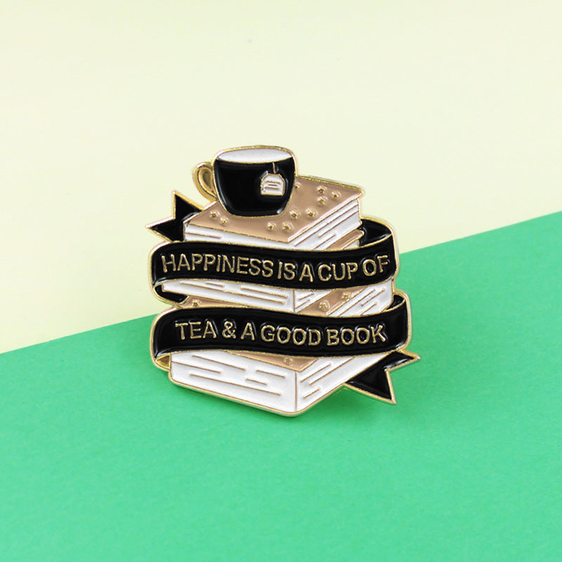 New Black White Ribbon Book Coffee Cup Brooch Creative Cartoon Jewelry Korean Tide Student Children Tide Gift Pins