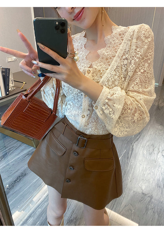 A woman is taking a selfie in Maramalive™'s Victorian Gothic Lace Blouse - Elegant Victorian Style
