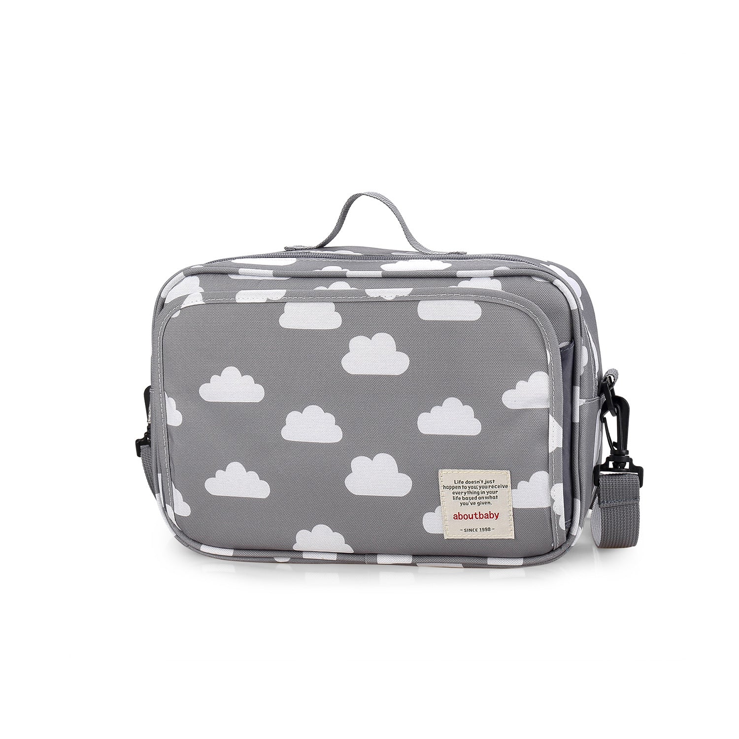 A CJ gray and white bag with clouds on it for diaper storage, packaging diapers, and portable baby outing.