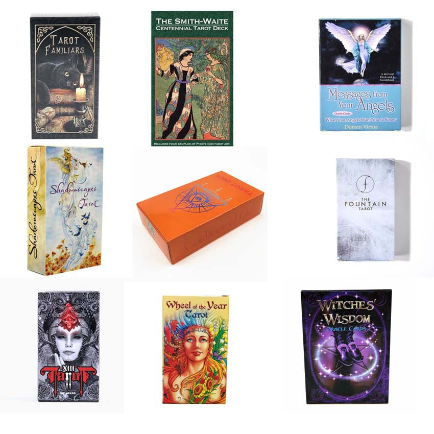 A collection of books, including English Tarot Deck, tarot cards, and tarot decks by Maramalive™.